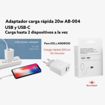 ADAPTADOR CARGA RAPIDA 20W USB Y USB-C DOBLE