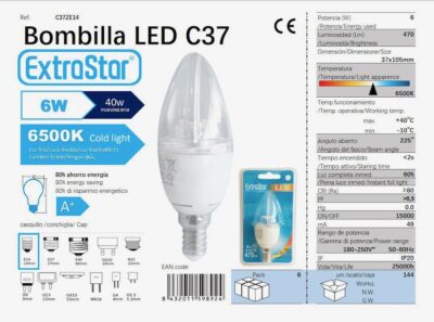 BOMBILLA VELA LED C/PILAR 6W 220º, LUZ DÍA