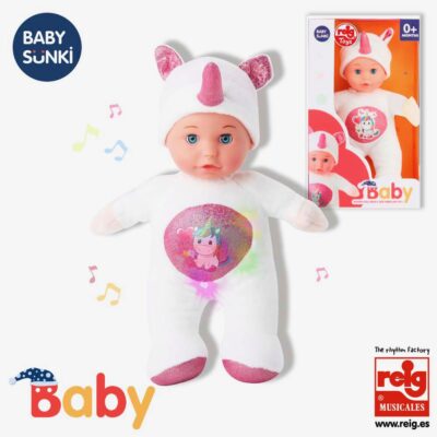 Muñeco Baby Sunki 30 cm. Luz y Sonido. Unicornio