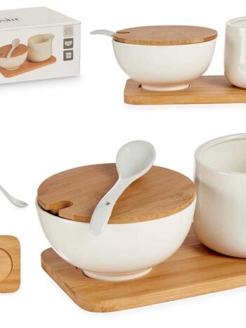 SET AZUCARERO Y LECHERA CERAMICA Y BAMBU