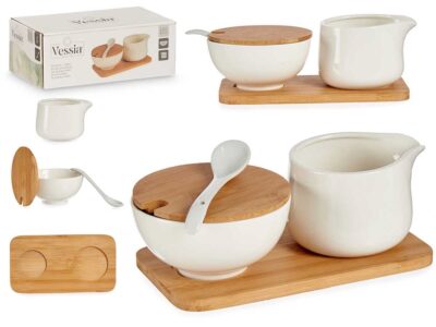 SET AZUCARERO Y LECHERA CERAMICA Y BAMBU