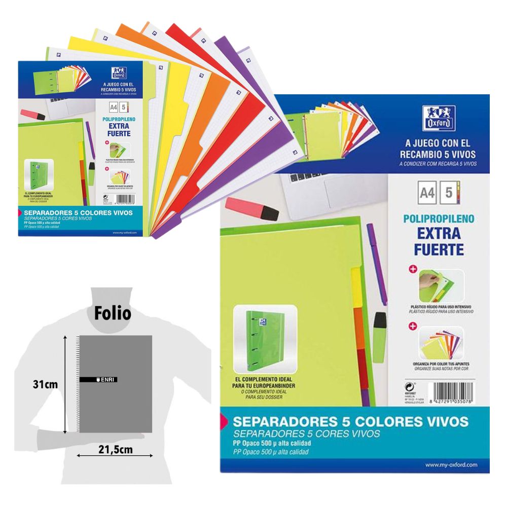 SEPARADORES OXFORD PP 500 MICRAS A4 5P VIVOS